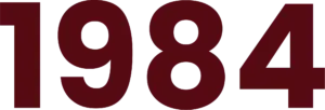 Large burgundy '1984' text on a white background.