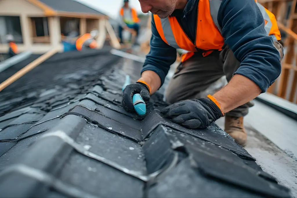 Construction worker in an orange safety vest kneels on a slate roof, using a blue tool to secure shingles.
