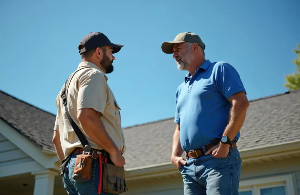 Two construction workers stand face-to-face on a sunny rooftop, discussing a project.