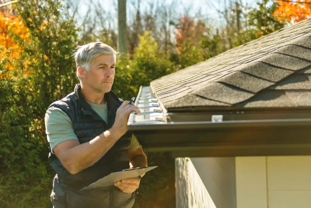 Man on a ladder beside a house, inspecting the roof with a clipboard in hand.