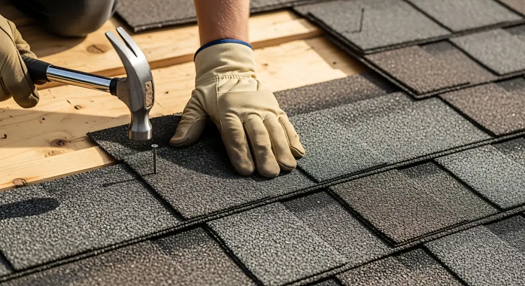 Gloved hand hammering a nail into plywood underlayment as asphalt shingles are laid on a roof.