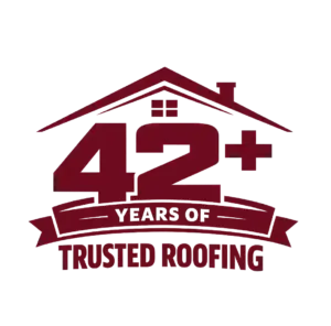Logo celebrating 42+ years of trusted roofing with a roof outline.