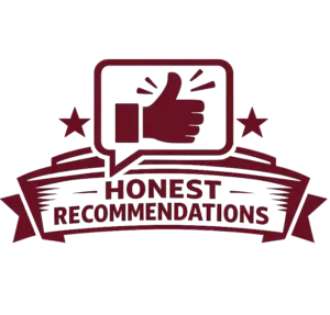Maroon badge with a thumbs-up icon inside a speech-bubble frame and the words 'Honest Recommendations' on a ribbon.