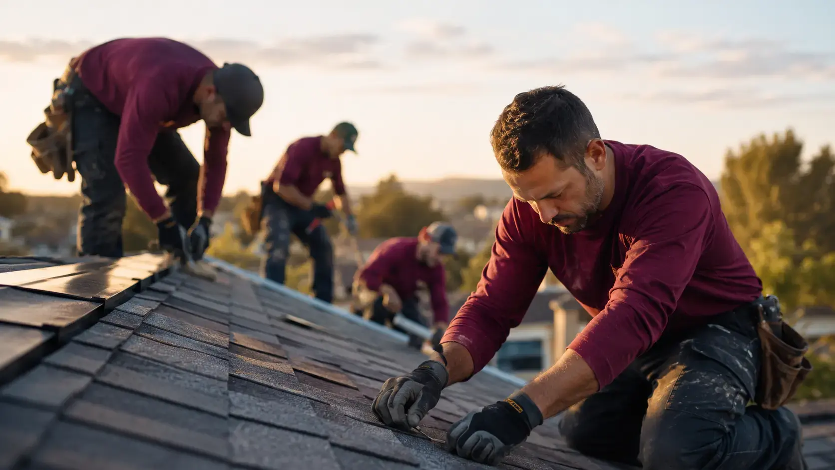 Roofing crew installing dark shingles on a sloped roof at sunset, focused on fastening panels with tools nearby