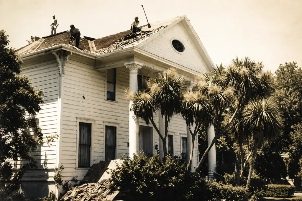 Two-story white wooden house with a damaged roof under repair; workers stand on the roof amid palm trees and surrounding greenery.