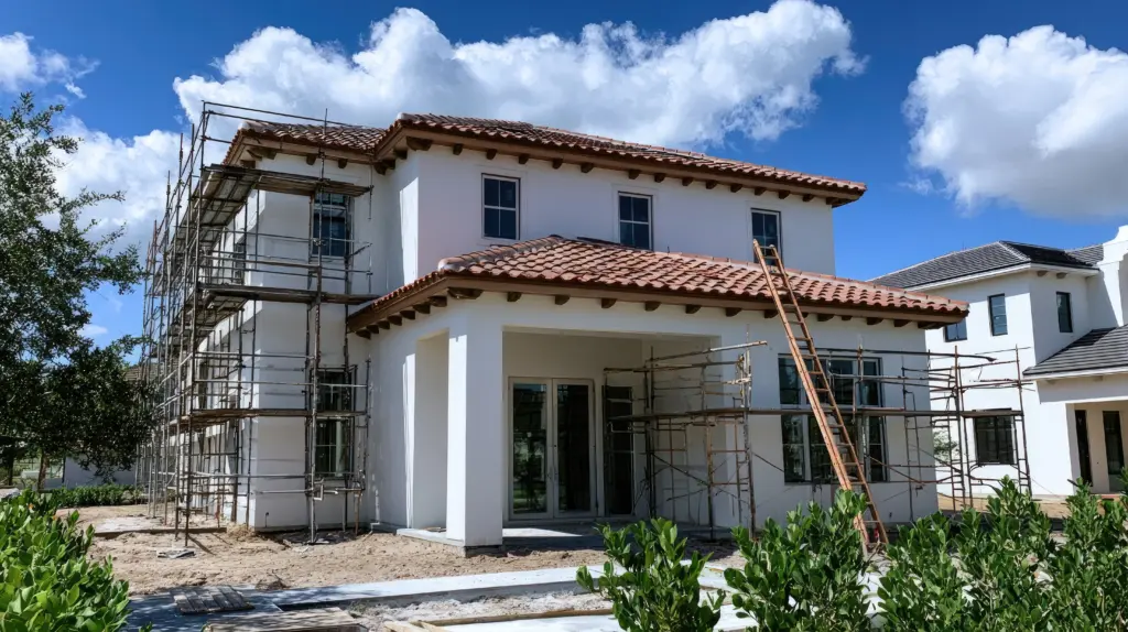 Two-story white house under construction with scaffolding along the left side, red clay roof tiles, and a wooden ladder resting against the roof.