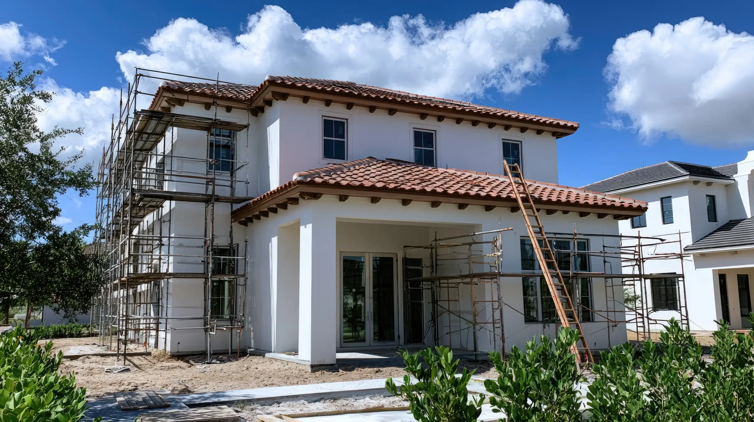 Two-story white house under construction with scaffolding along the left side, red clay roof tiles, and a wooden ladder resting against the roof.