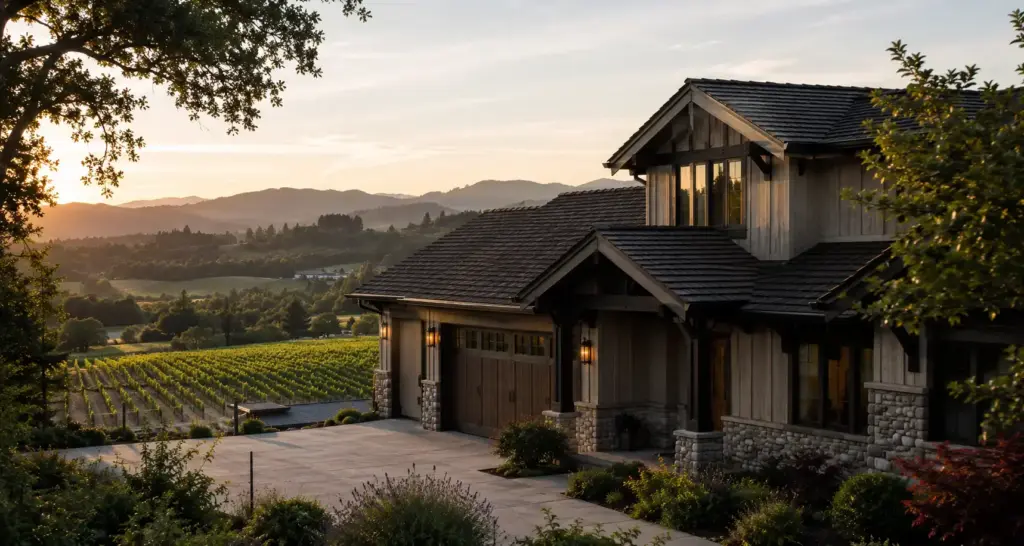 Rustic stone-and-wood house with a tiled roof overlooking a vineyard at sunset.