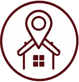 Icon of a house with a location pin above it, enclosed in a maroon circle