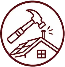 Roof repair icon showing a hammer driving a nail into a house roof inside a circular badge.
